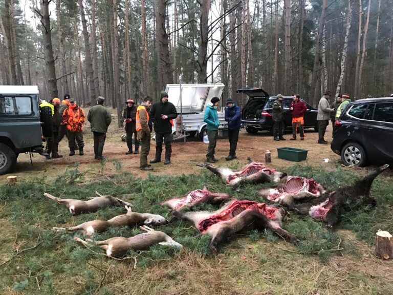 Jäger im Wald mit erlegtem Wild.
