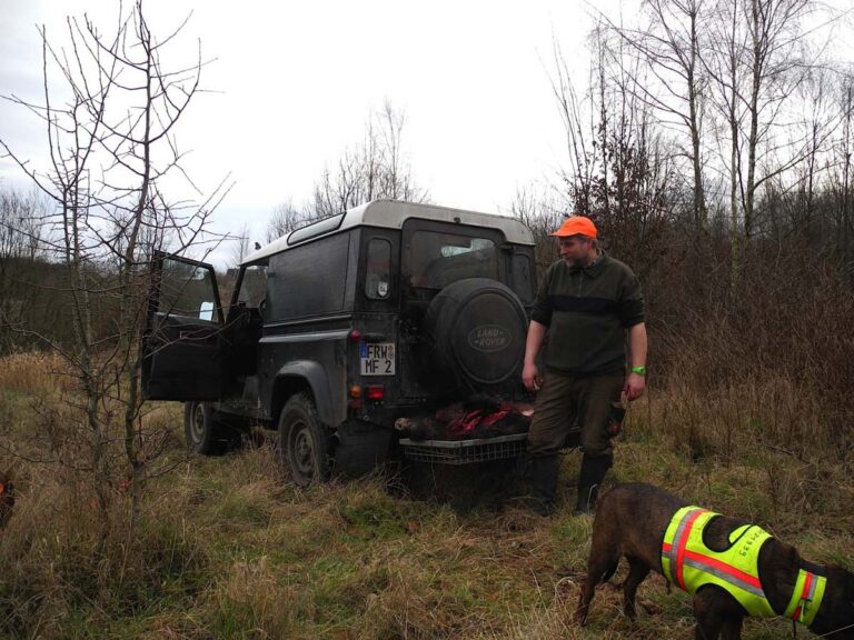 Jäger mit Hund und Geländewagen im Waldgebiet.