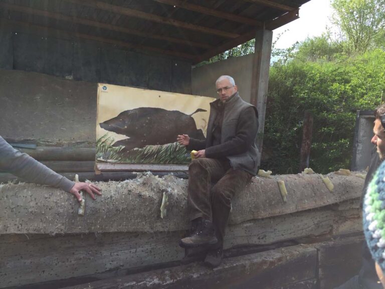 Mann erklärt vor Wildschweinbild