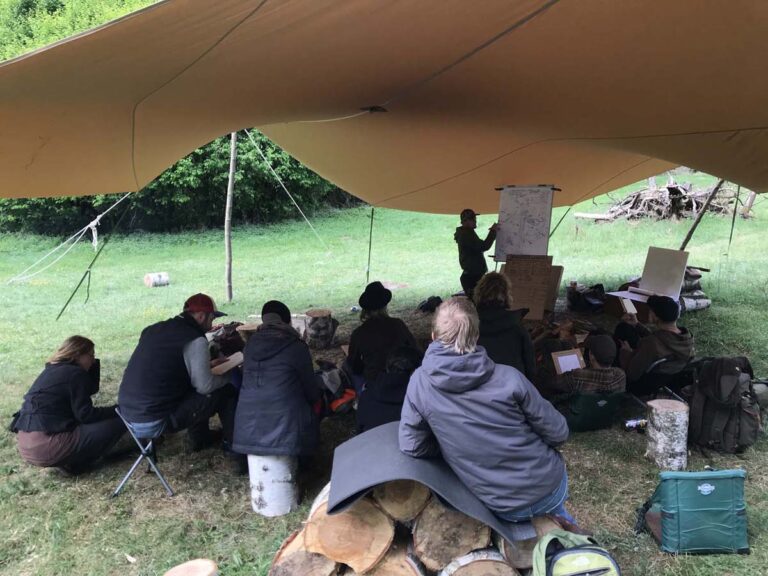 Gruppe unter Zelt bei Outdoor-Seminar