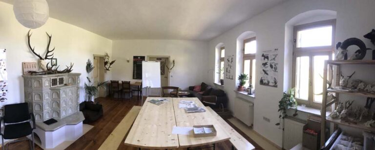 Helle Schulungsraum mit Geweihen und Tischen.