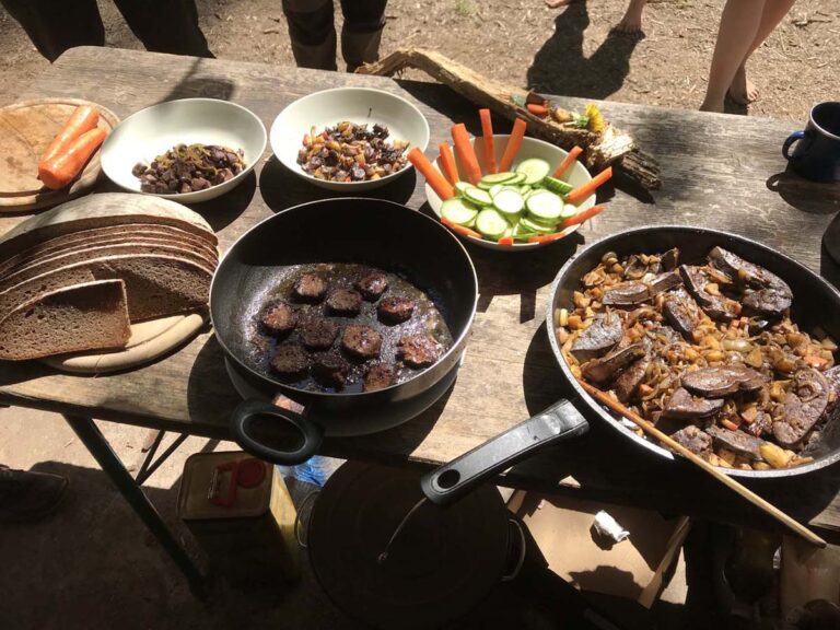 Outdoor-Mahlzeit mit Gemüse, Brot und Pfannengerichten.