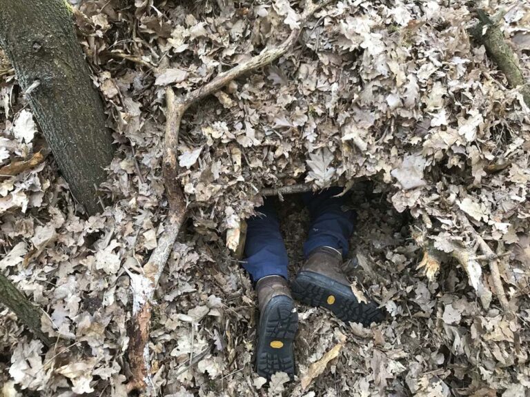 Beine schauen aus Blätterhaufen im Wald heraus.