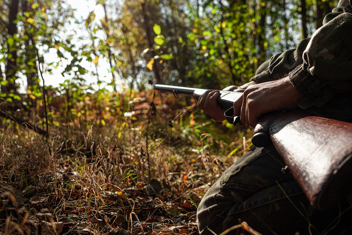 Person mit Gewehr im Wald sitzt