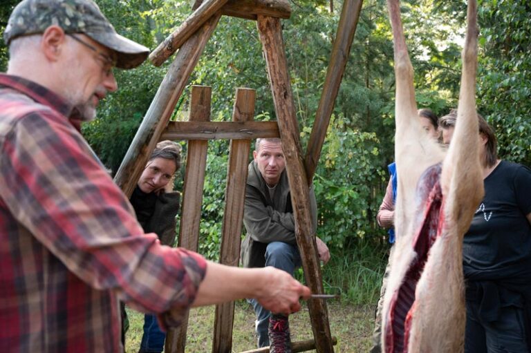 Person demonstriert Tierausweidung im Freien