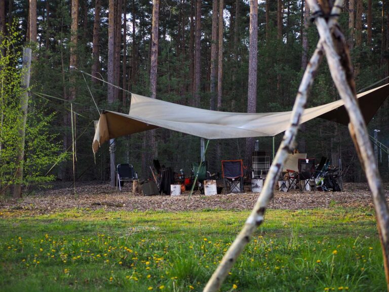 Wald-Campingplatz mit Sitzgelegenheiten unter Plane