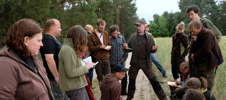 Gruppe diskutiert im Freien im Wald