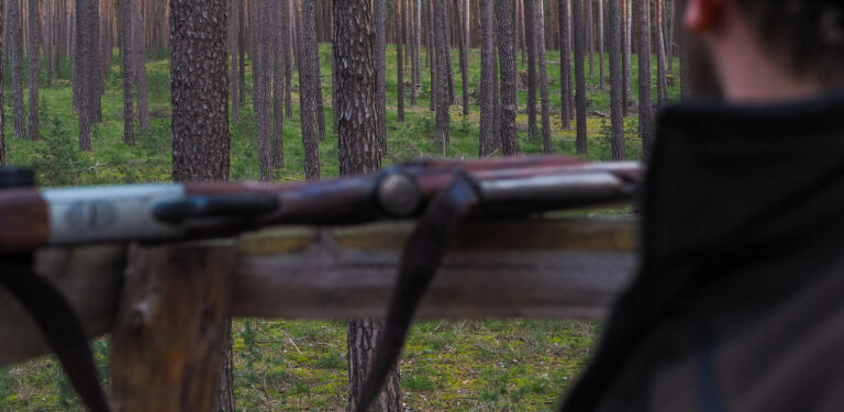 Jäger mit Gewehr blickt in den Wald