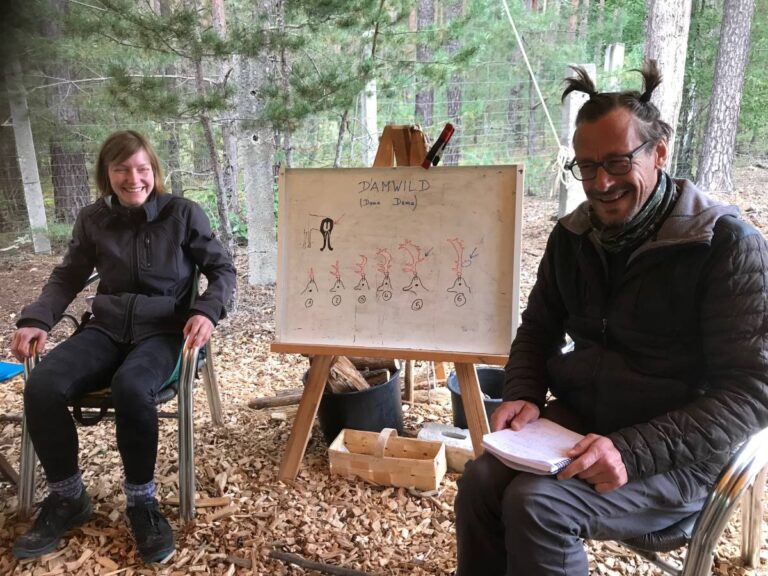 Personen bei Outdoor-Workshop im Wald mit Tafel