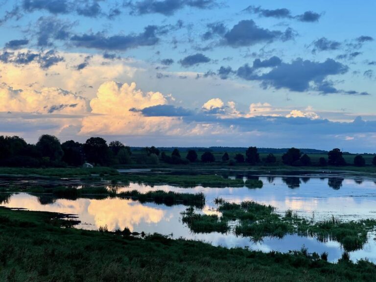 Wolken spiegeln sich im ruhigen See.