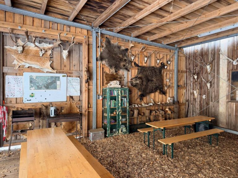 Jagdhütte mit Tierpräparaten und Holzmöbeln